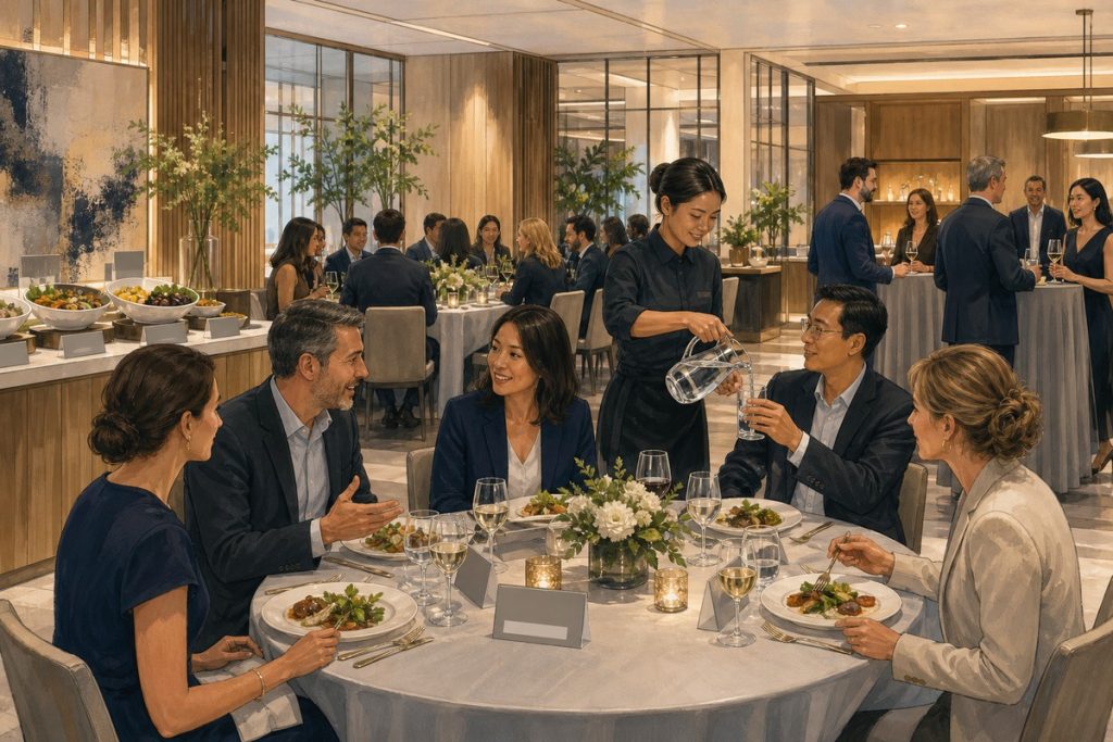 商務餐會現場，前景圓桌賓客交談，後方有長桌與高腳桌，服務人員正在加水，側邊設有特殊餐專區