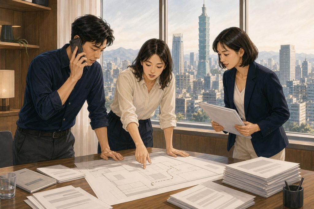 活動團隊在台北市區辦公室裡討論大型活動的平面圖與申請文件，窗外是城市天際線