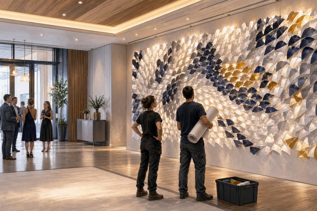 活動空間中只有一件大型裝置佔據整面牆，其餘保持乾淨，兩位工作人員退後檢視