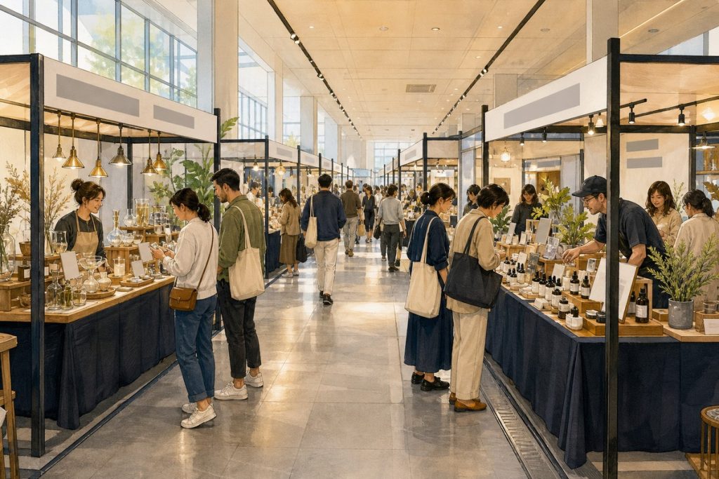 室內市集現場：兩排攤位夾著寬敞走道，轉角攤明顯較多人，電線收在走道邊的線槽裡