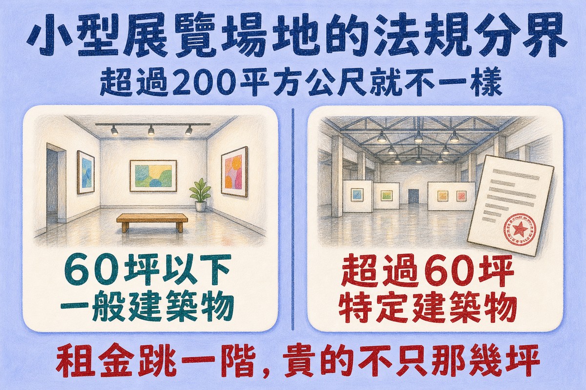 小型展覽場地的法規分界:60坪以下屬一般建築物,超過200平方公尺即為特定建築物
