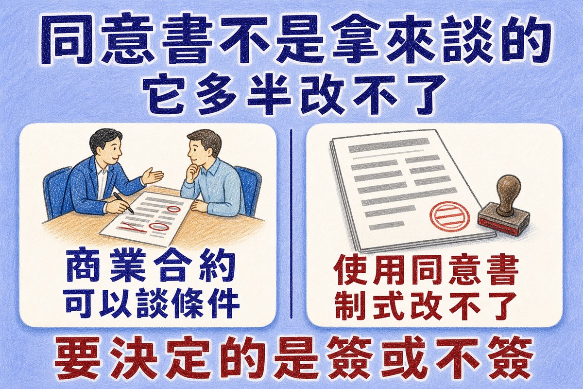 商業合約與使用同意書的差別:前者可以談條件,後者是制式文件改不了