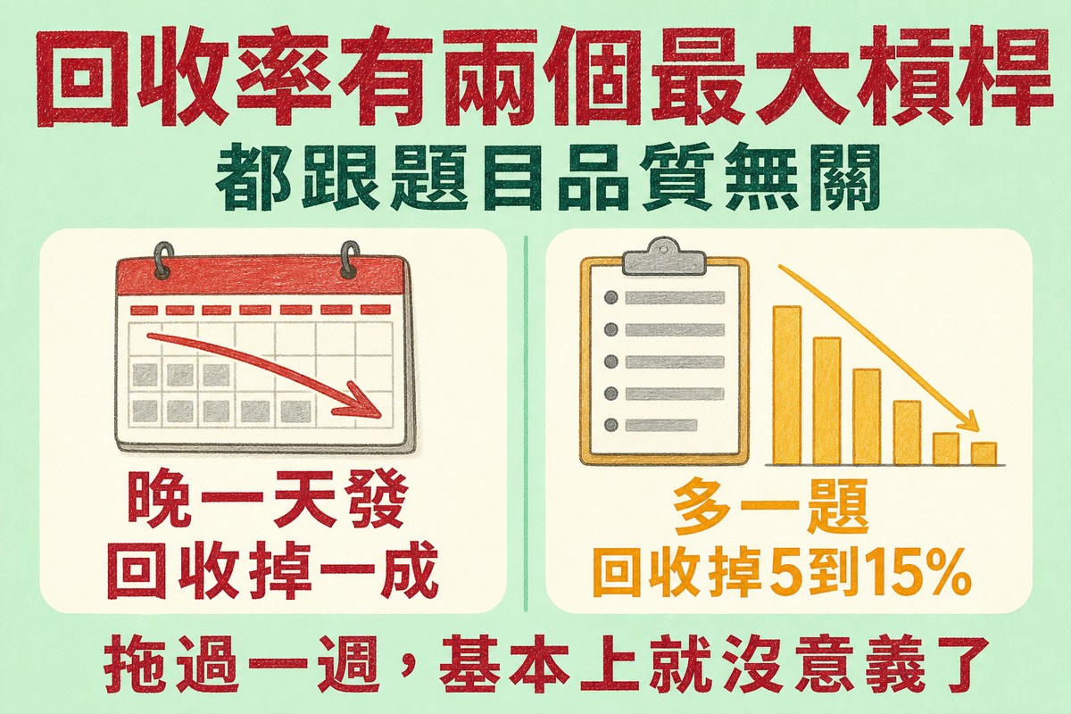 回收率的兩個最大槓桿:晚一天發回收掉一成,每多一題掉5到15%