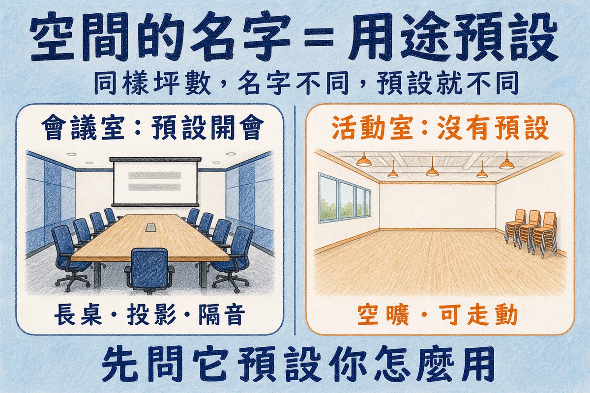 空間名字等於用途預設:會議室預設開會、有長桌投影隔音;活動室沒有預設、空曠可走動