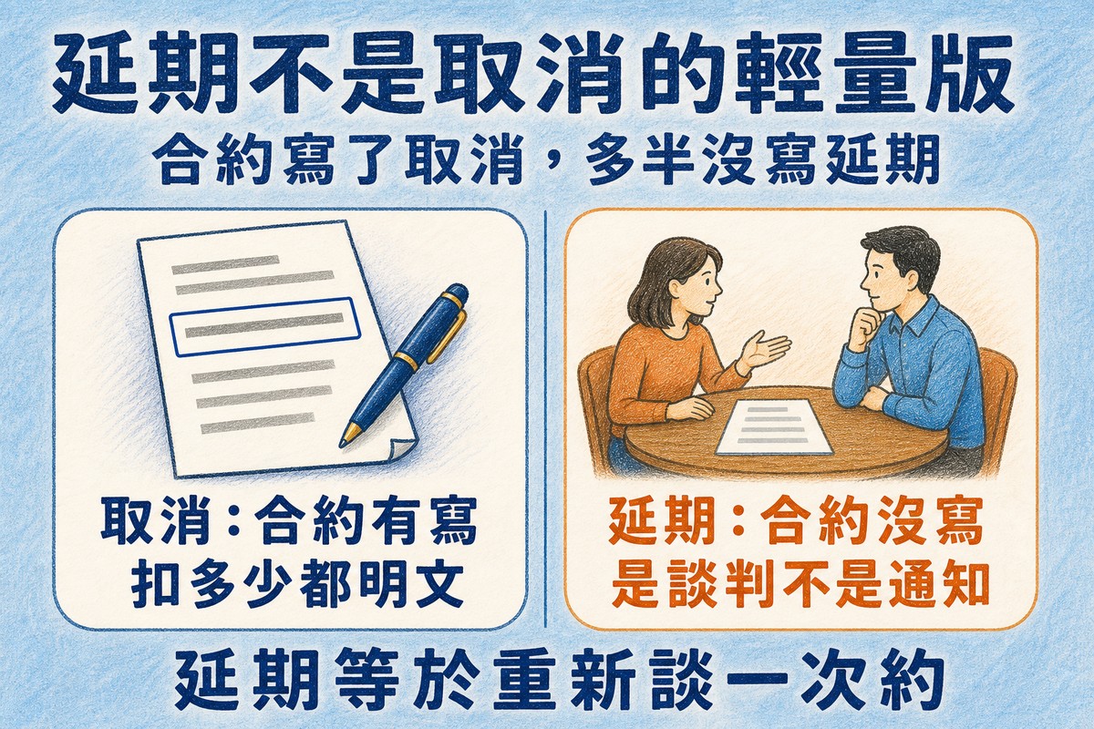 延期不是取消的輕量版:取消合約有明文,延期合約多半沒寫,是談判不是通知