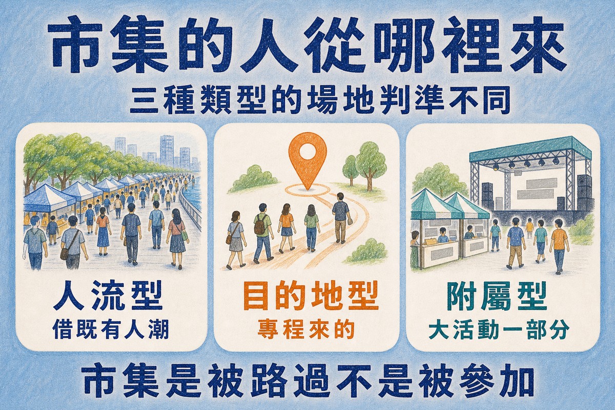 三種市集的人從哪裡來:人流型借既有人潮、目的地型專程來、附屬型是大活動的一部分