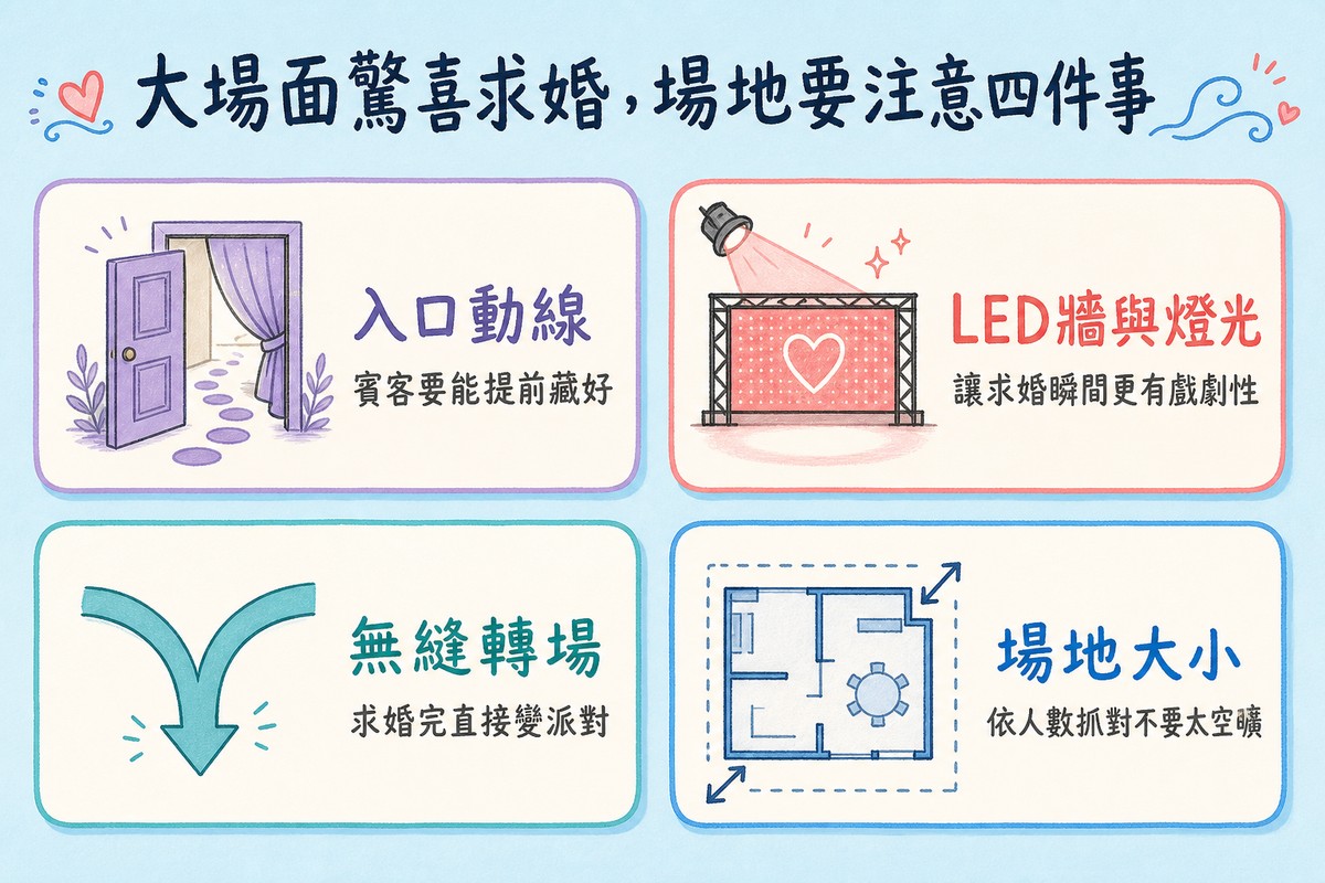 大場面驚喜求婚場地注意四件事,入口動線LED牆燈光無縫轉場場地大小