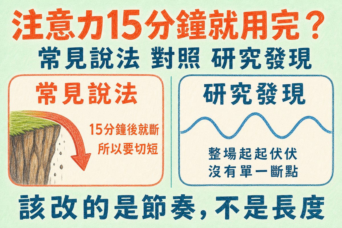 注意力對照圖:常見說法認為15分鐘後就斷,研究發現整場起起伏伏沒有單一斷點