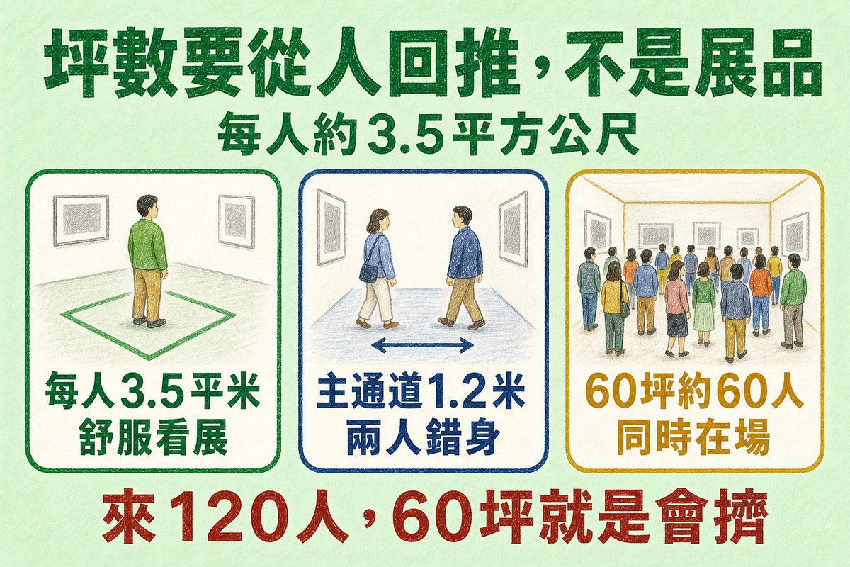 展覽坪數從人回推:每人約3.5平方公尺、主通道1.2公尺、60坪約可同時容納60人