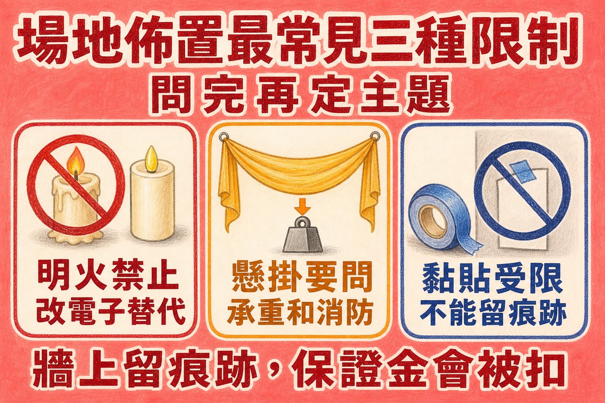 場地佈置的三種常見限制:明火禁止、懸掛要問承重與消防、黏貼不能留痕跡