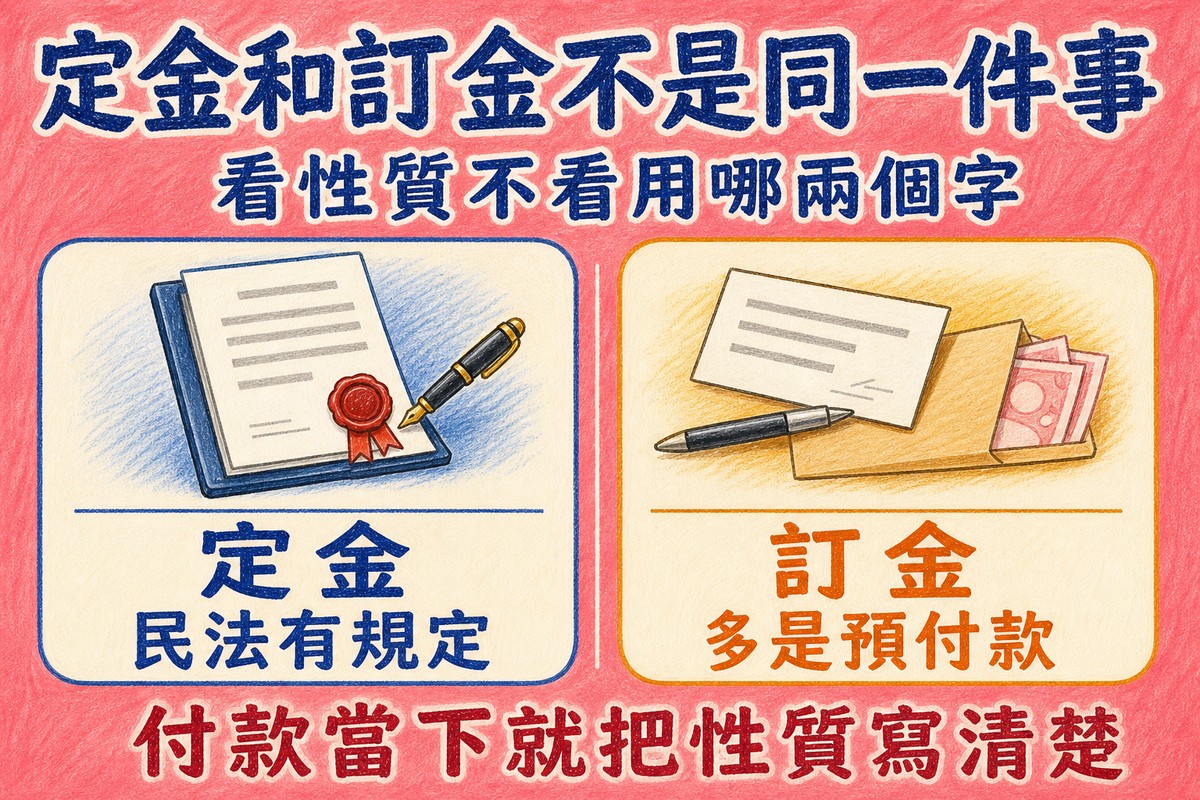 定金與訂金的差別:定金有民法明文規定,訂金多是簽約前的預付款