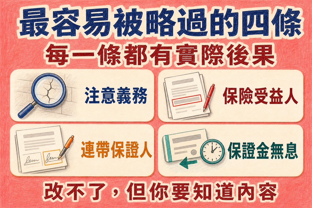 最容易被略過的四個條款:注意義務、保險受益人、連帶保證人、保證金無息退還