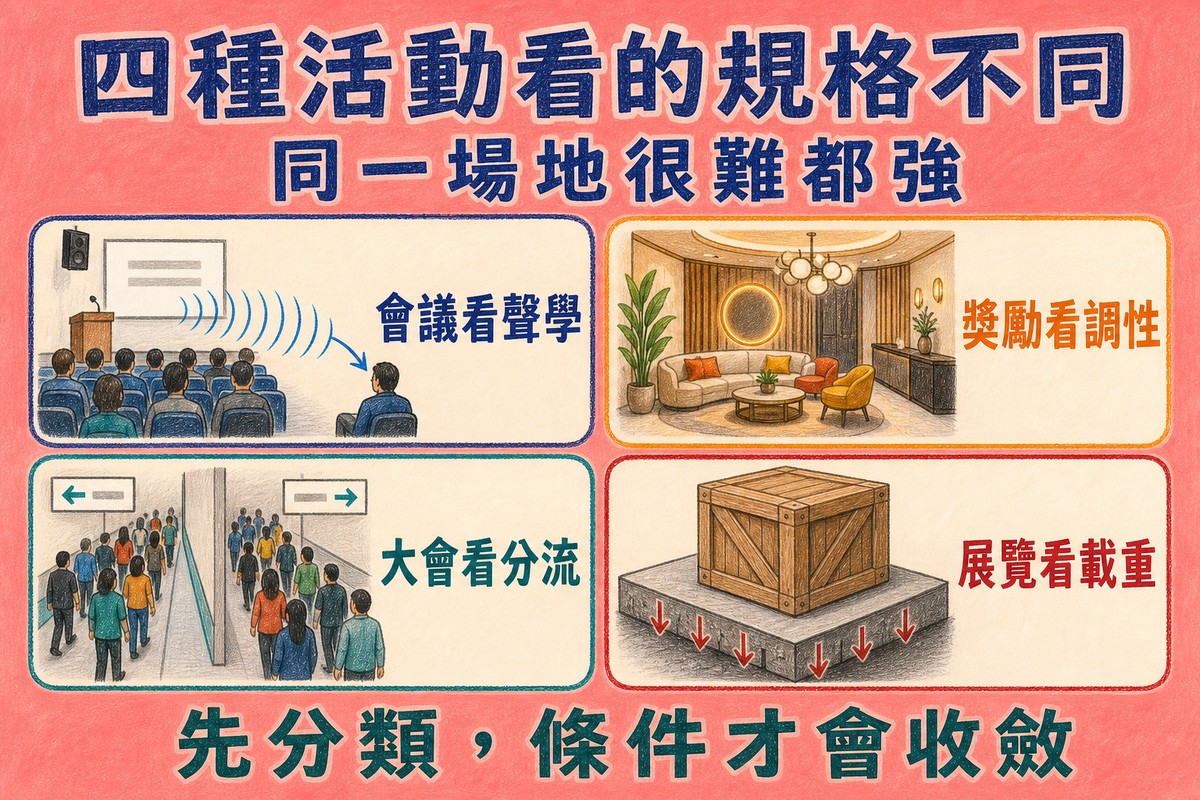 四類活動看的規格不同:會議看聲學、獎勵看調性、大型會議看分流、展覽看載重