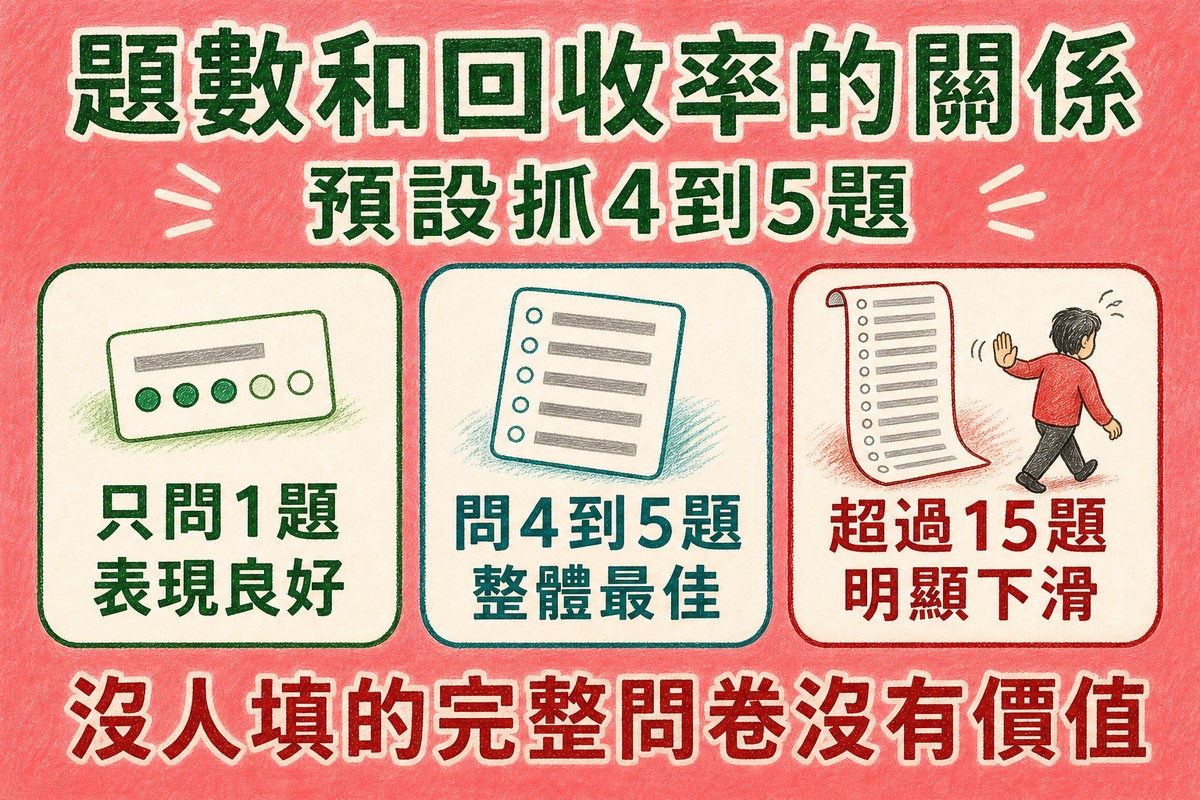 題數與回收率的關係:一題表現良好、四到五題整體最佳、超過十五題明顯下滑
