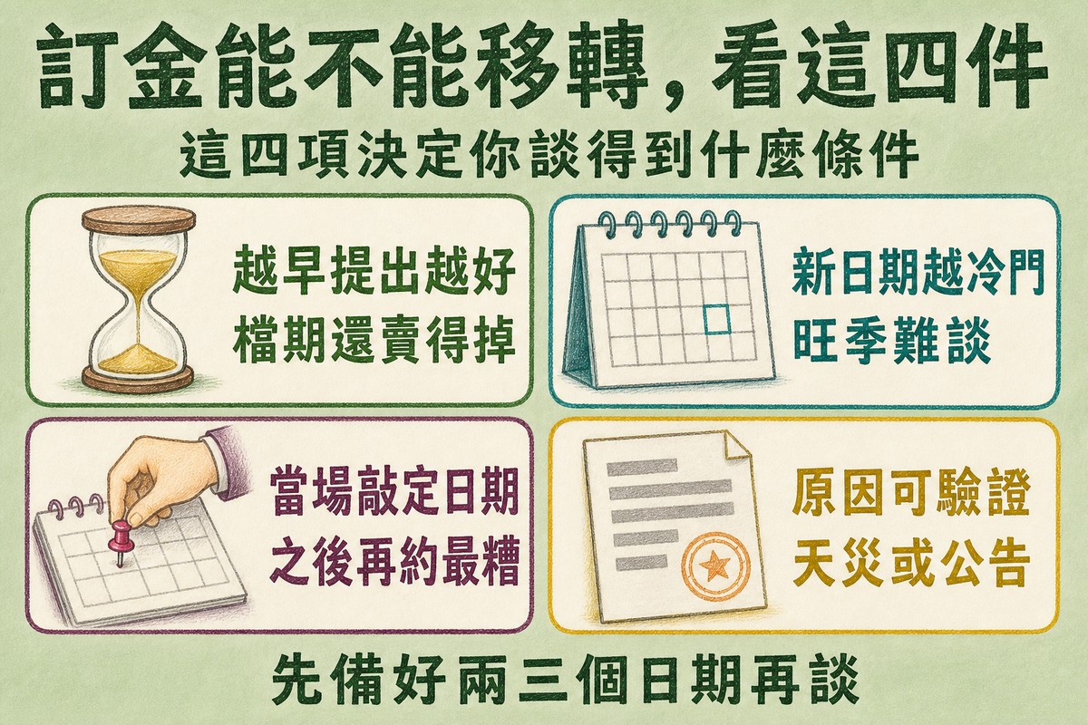 訂金能不能移轉看四件事:越早提出、新日期越冷門、當場敲定日期、原因可驗證