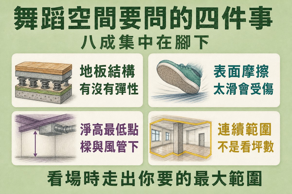 舞蹈空間要問的四件事:地板結構、表面摩擦、淨高最低點、可用的連續範圍