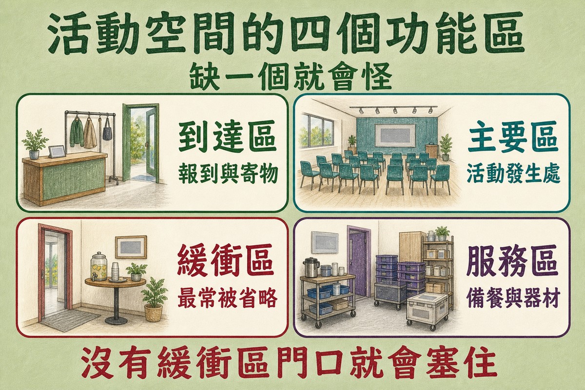活動空間的四個功能區:到達區、主要區、緩衝區、服務區