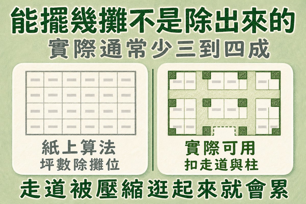 紙上算法與實際可用範圍的差別:扣掉走道、柱子與入口緩衝後少三到四成