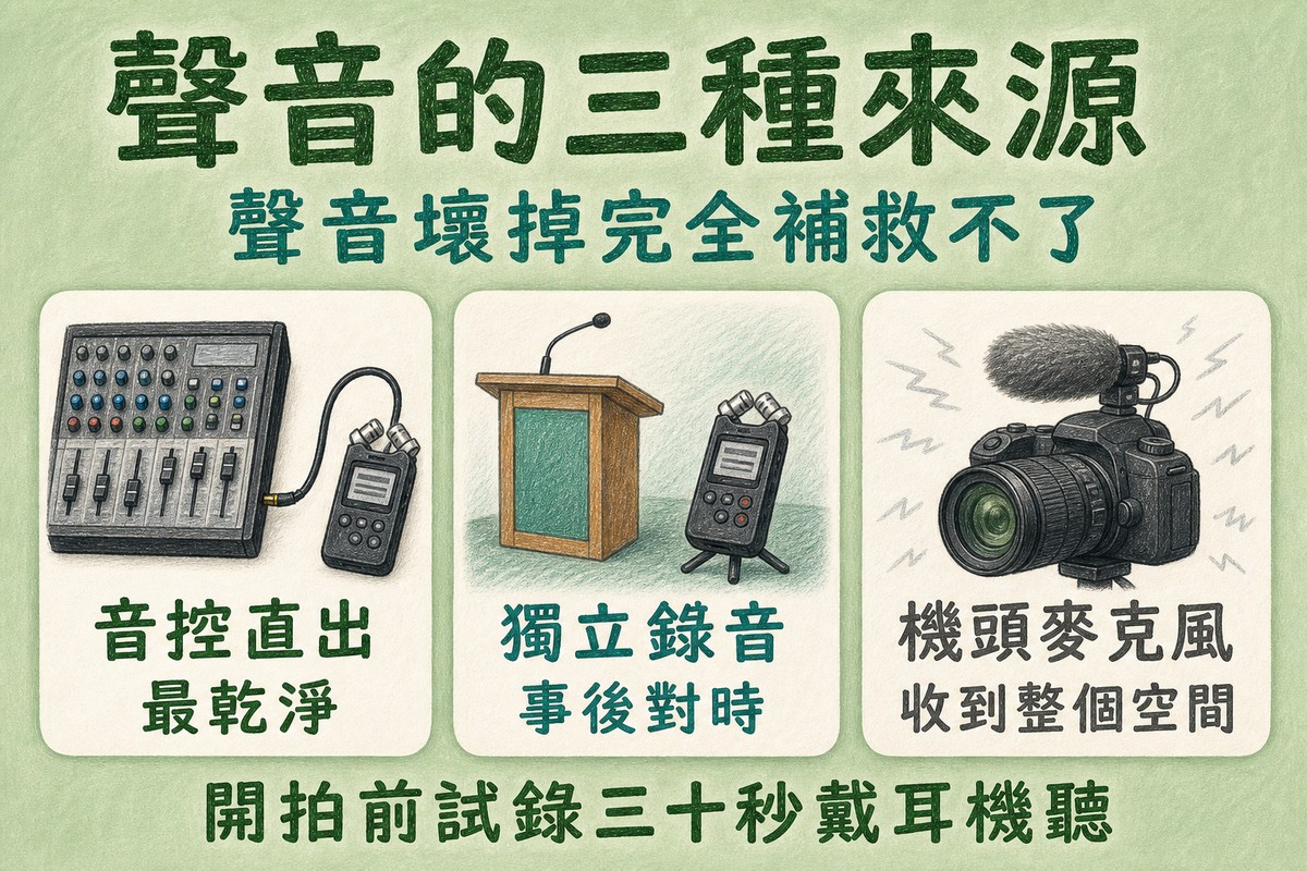 聲音的三種來源:音控直出最乾淨、獨立錄音次之、機頭麥克風最差