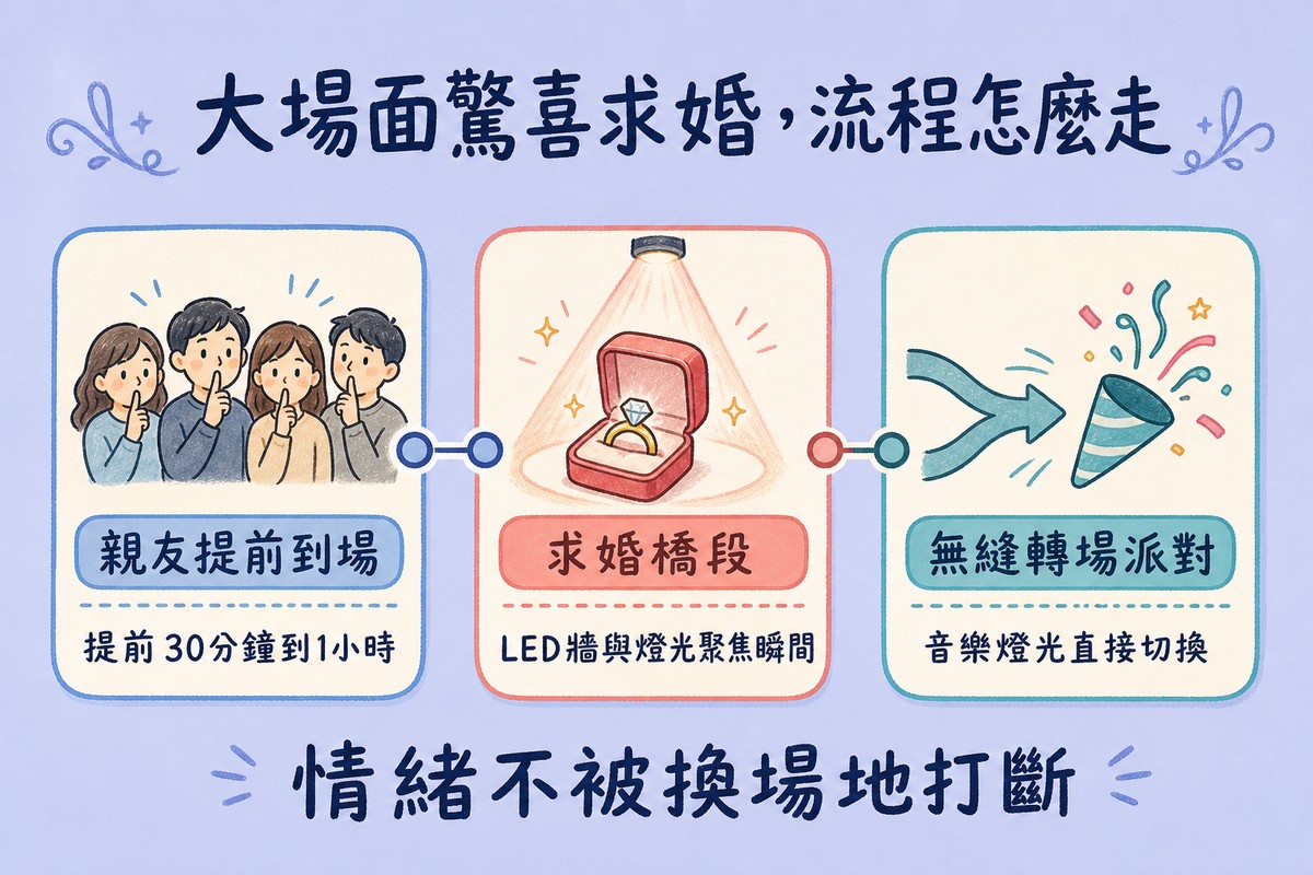 大場面驚喜求婚流程時間軸,親友提前到場求婚橋段無縫轉場派對