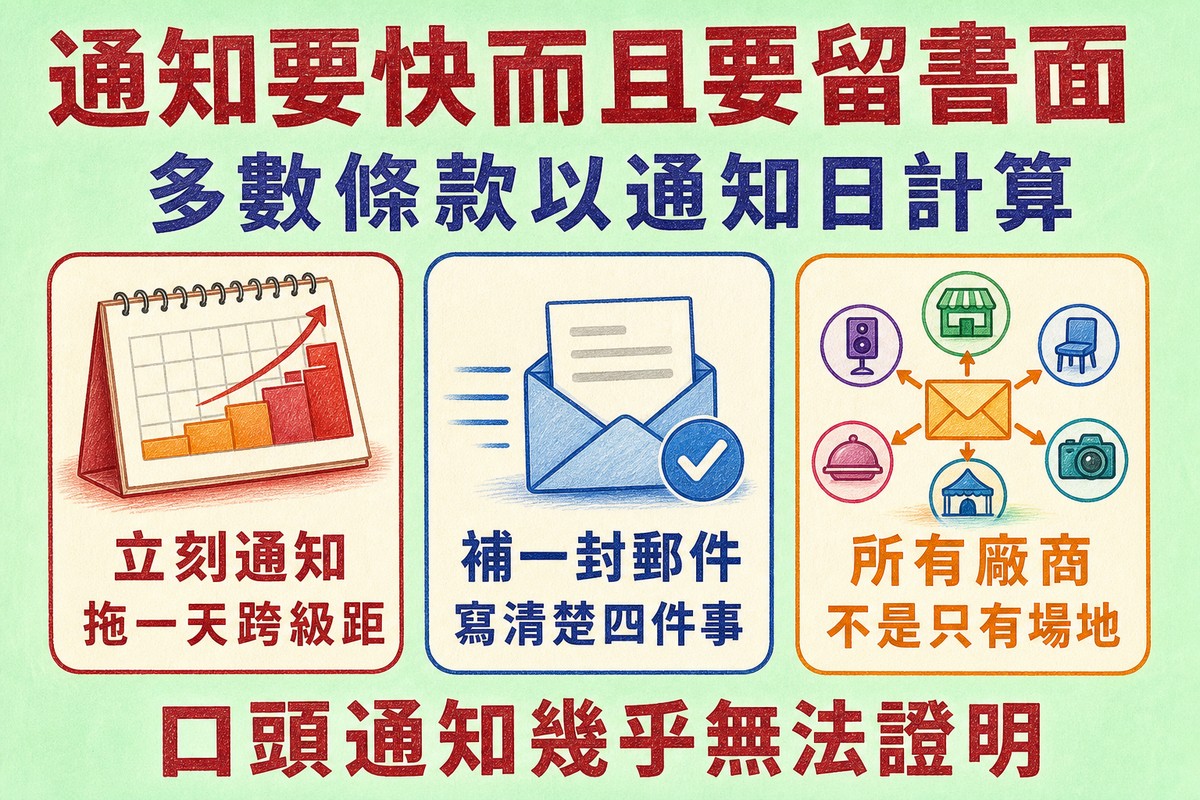 取消通知的三個原則:立刻通知、補書面郵件、同時通知所有廠商