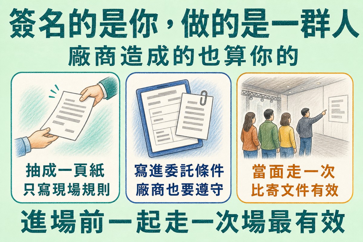 契約義務的執行:抽成一頁現場規則、寫進廠商委託條件、進場前當面走一次