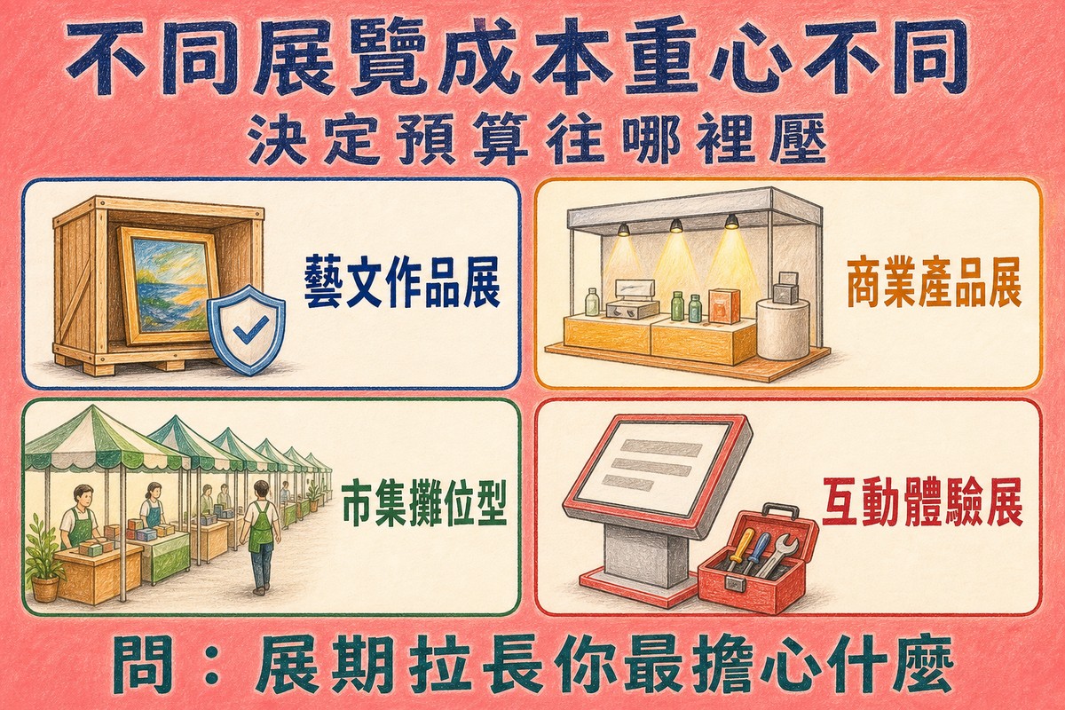 四種展覽的成本重心:藝文作品展、商業產品展、市集攤位型、互動體驗展
