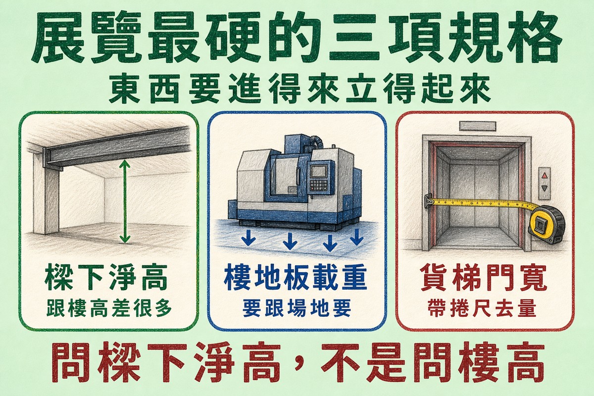 展覽最硬的三項規格:樑下淨高、樓地板載重、貨梯門寬