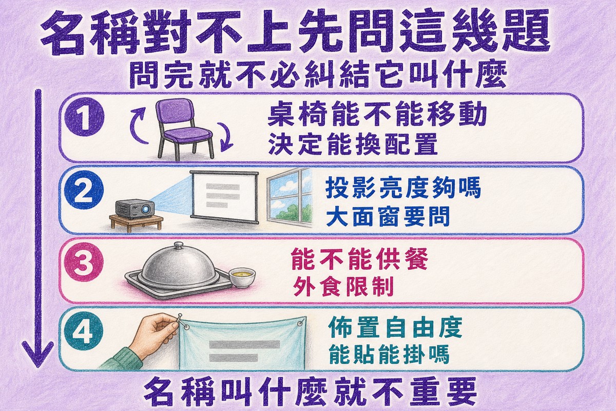 名稱對不上先問這幾題:桌椅能不能移動、投影亮度夠嗎、能不能供餐、佈置自由度