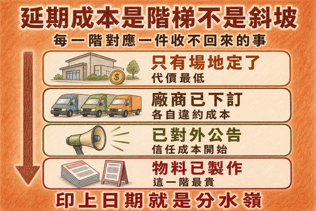 延期成本的四個階梯:只有場地定了、廠商已下訂、已對外公告、物料已製作