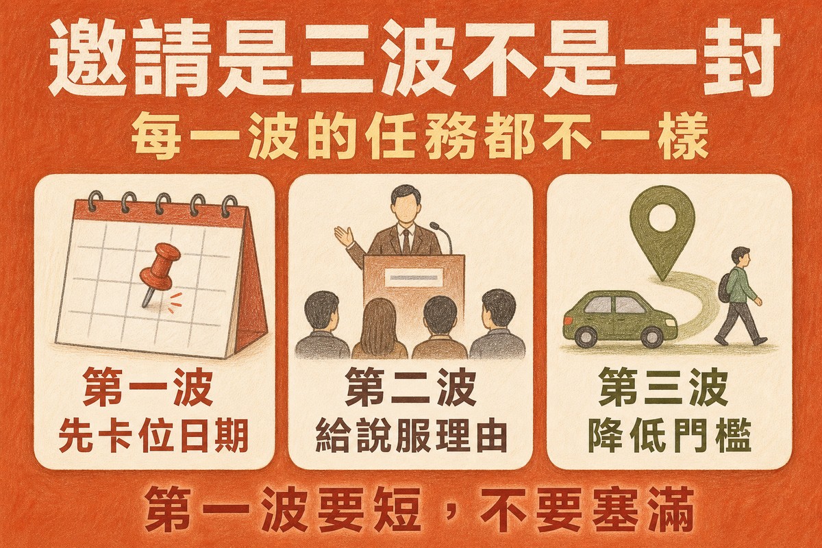 邀請的三波節奏:第一波先卡位日期、第二波給說服理由、第三波降低到場門檻