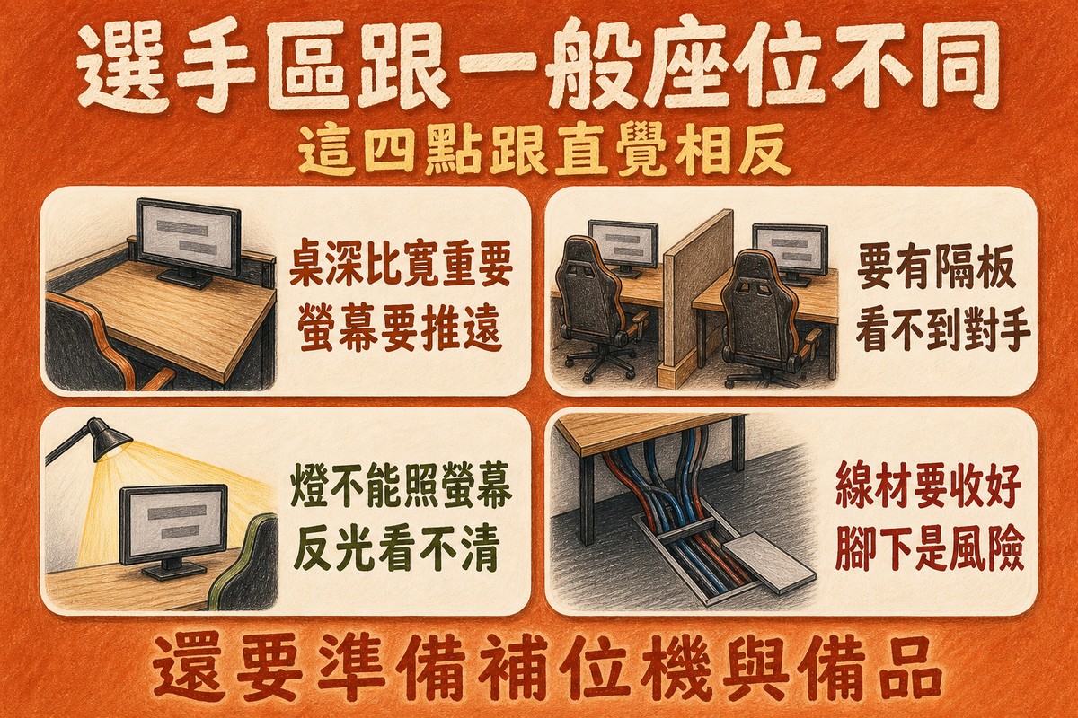 選手區的四個配置重點:桌深比寬重要、要有隔板、燈不能照螢幕、線材要收好
