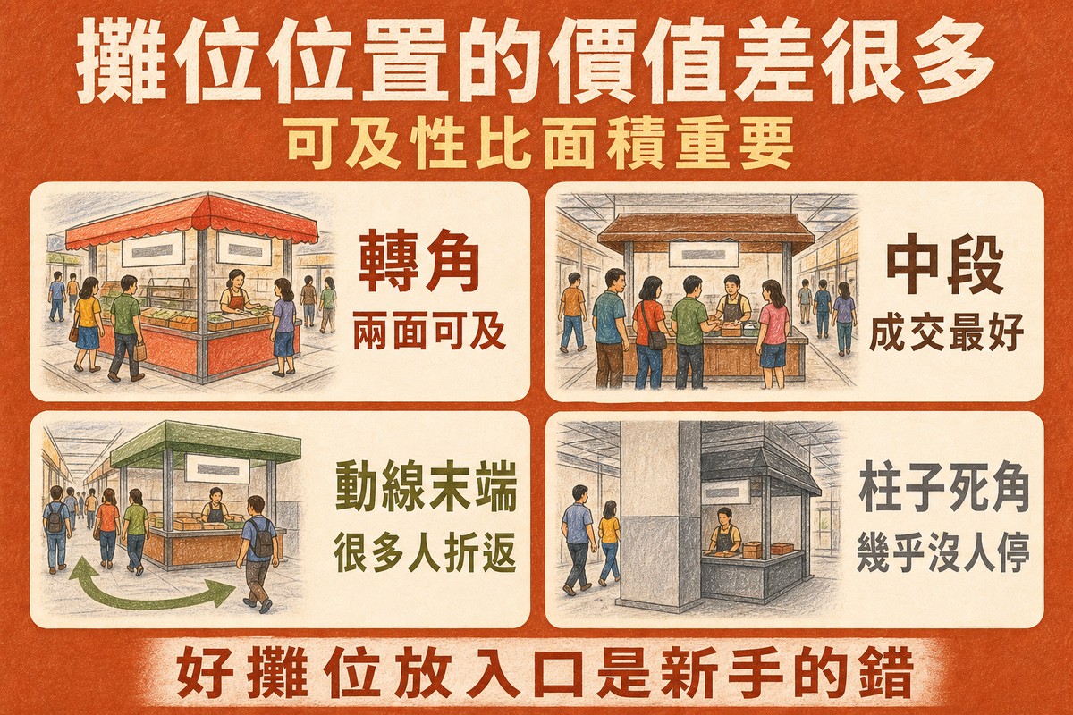 攤位位置的價值:轉角兩面可及最高、中段成交最好、動線末端最差、柱子死角幾乎沒人停