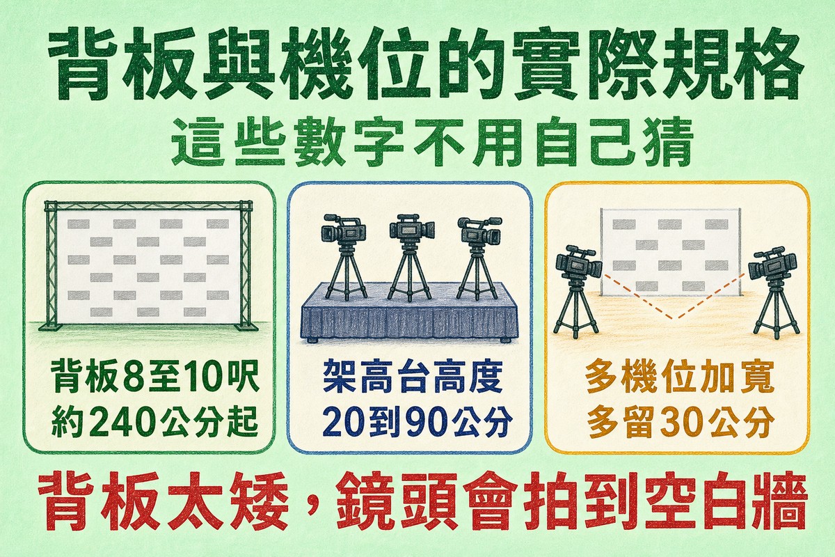 記者會背板與攝影機位規格:背板8至10英尺、架高台20到90公分、多機位加寬30公分