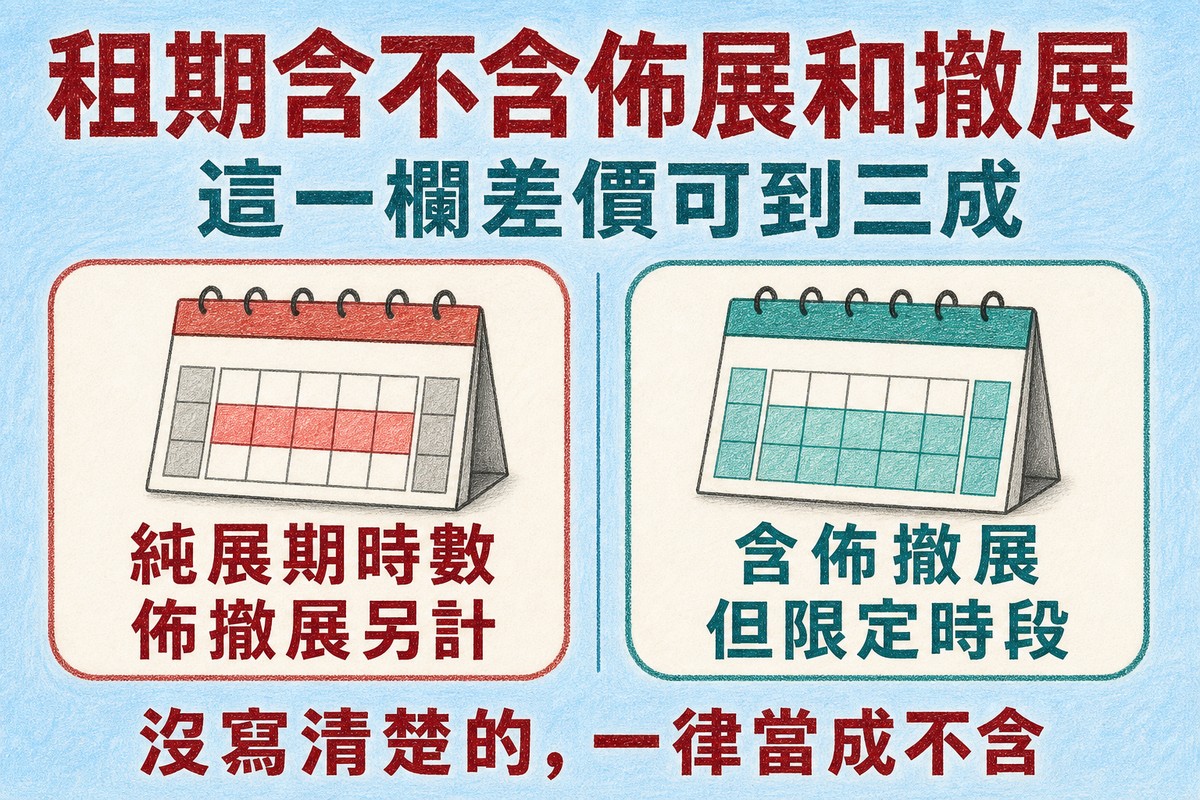 租期含不含佈展撤展的對照:純展期時數另計費,含佈撤展但限定時段