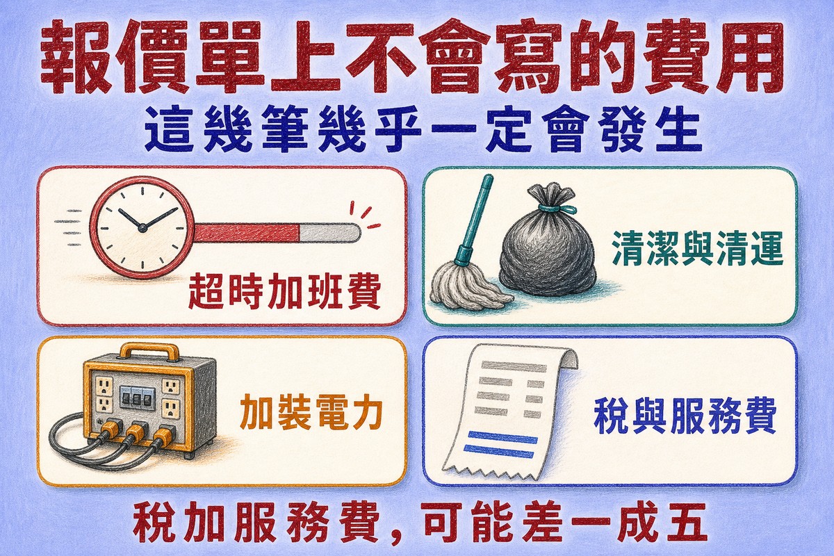 報價單上不會主動列出的費用:超時加班費、清潔與清運、加裝電力、稅與服務費