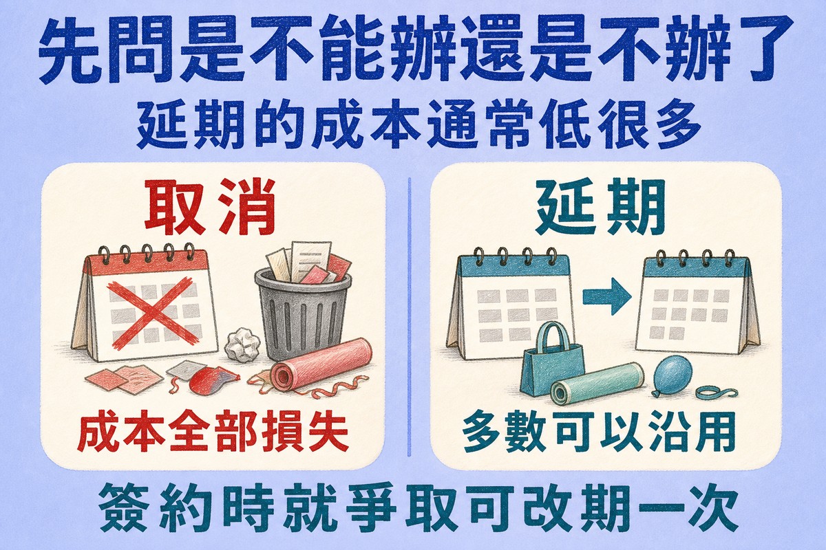 取消與延期對照:取消的成本全部損失,延期多數物料與合約可以沿用