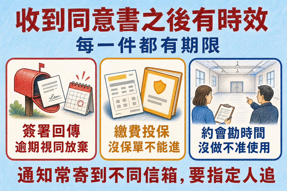 收到同意書後的時效動作:簽署回傳、繳費投保、約使用前會勘
