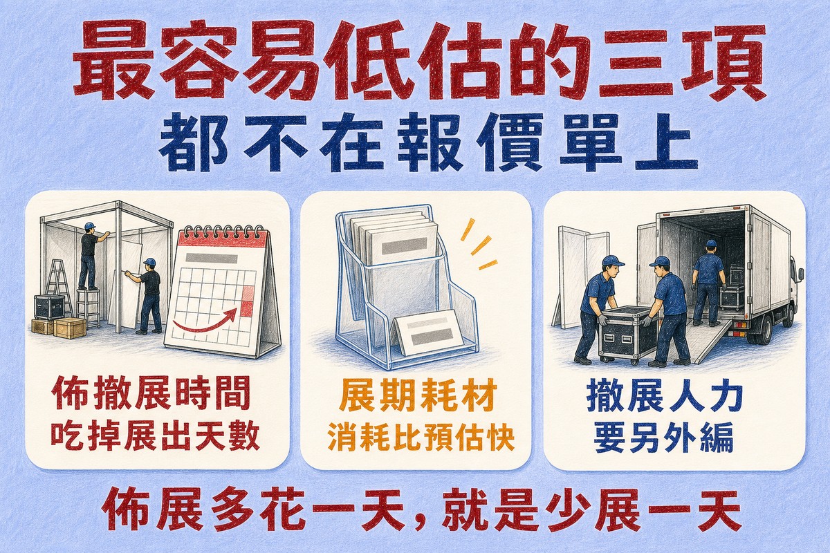 最容易低估的三項:佈撤展時間、展期耗材、撤展人力