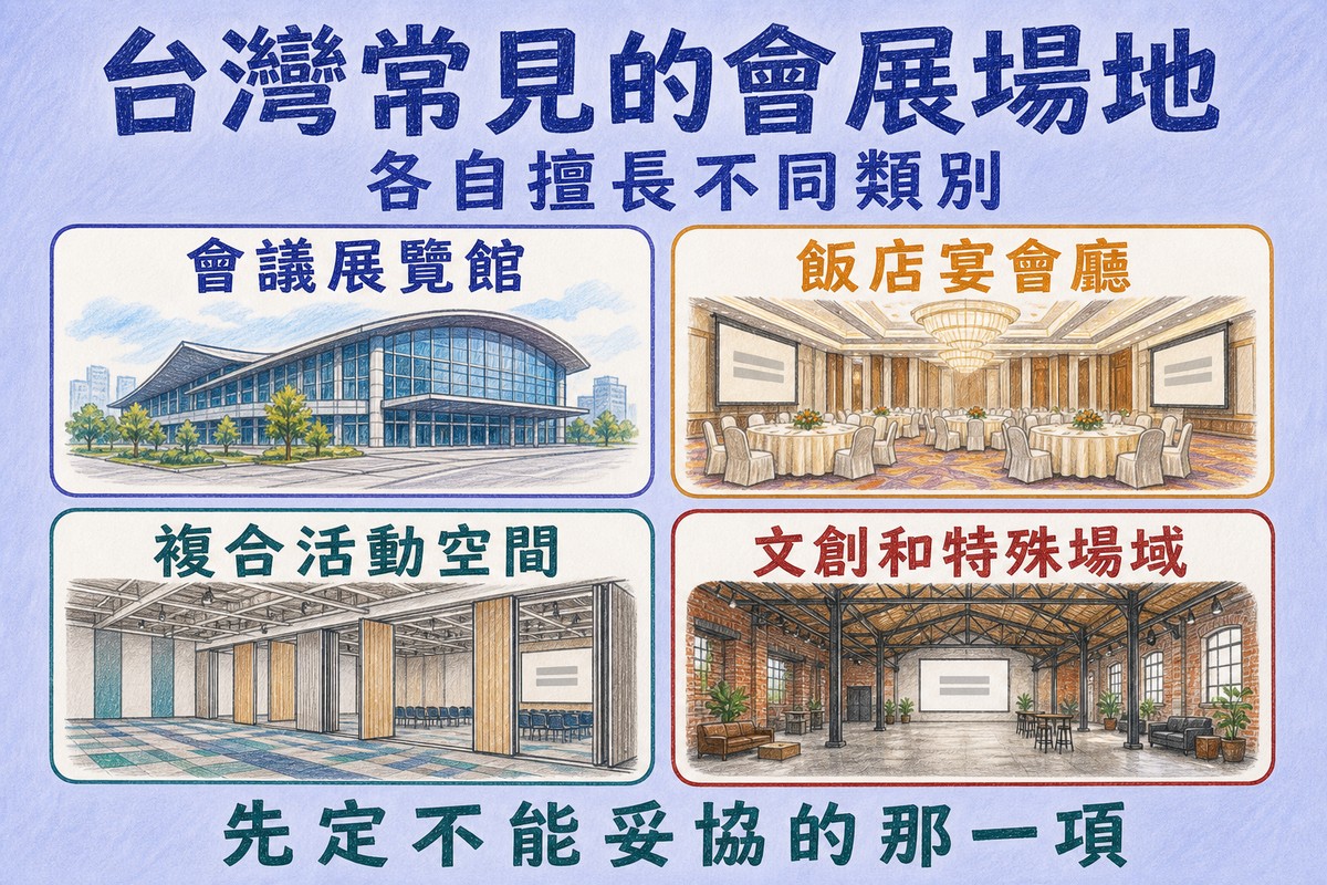台灣常見的會展場地類型:會議展覽館、飯店宴會廳、複合活動空間、文創與特殊場域