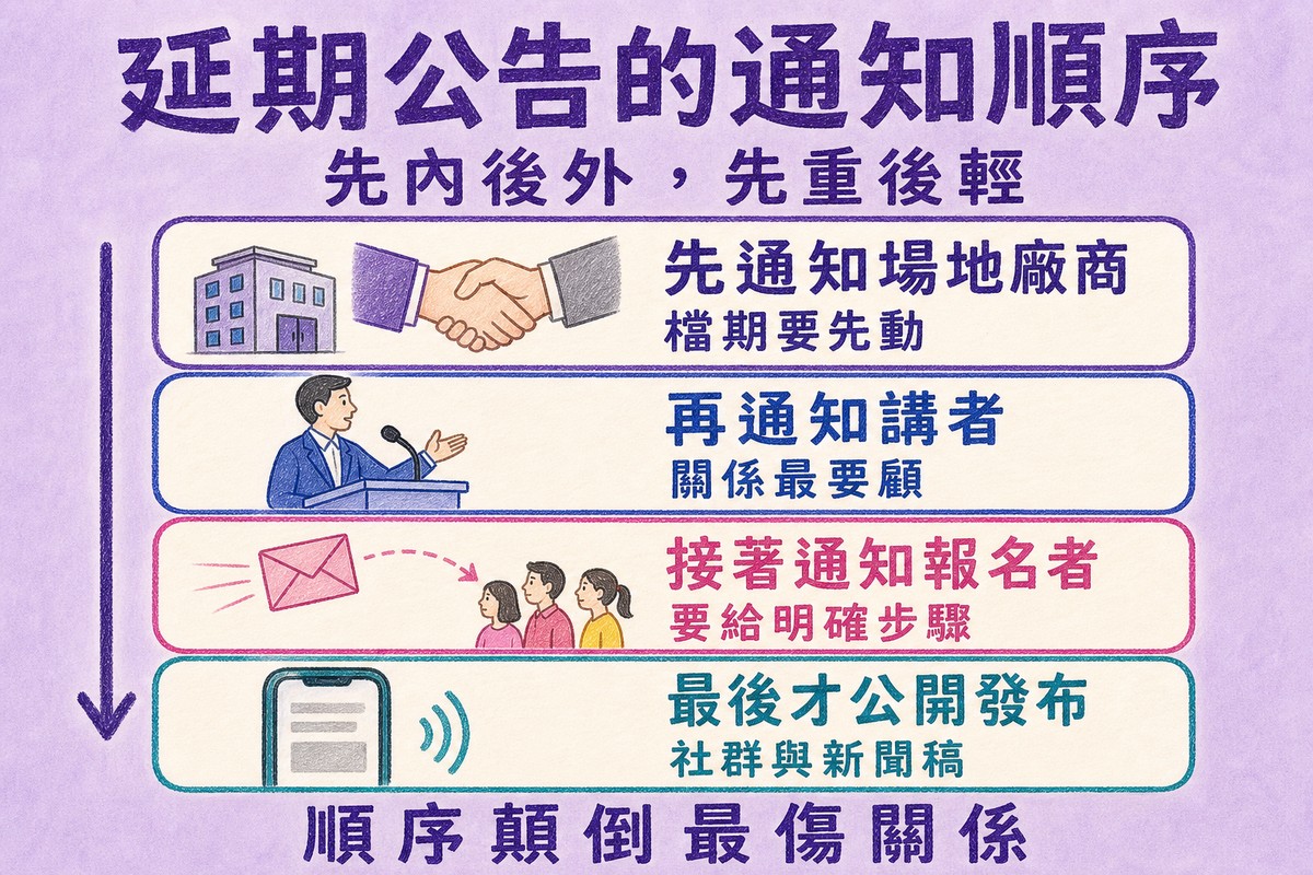 延期公告的通知順序:先場地廠商、再講者、接著報名者、最後公開發布