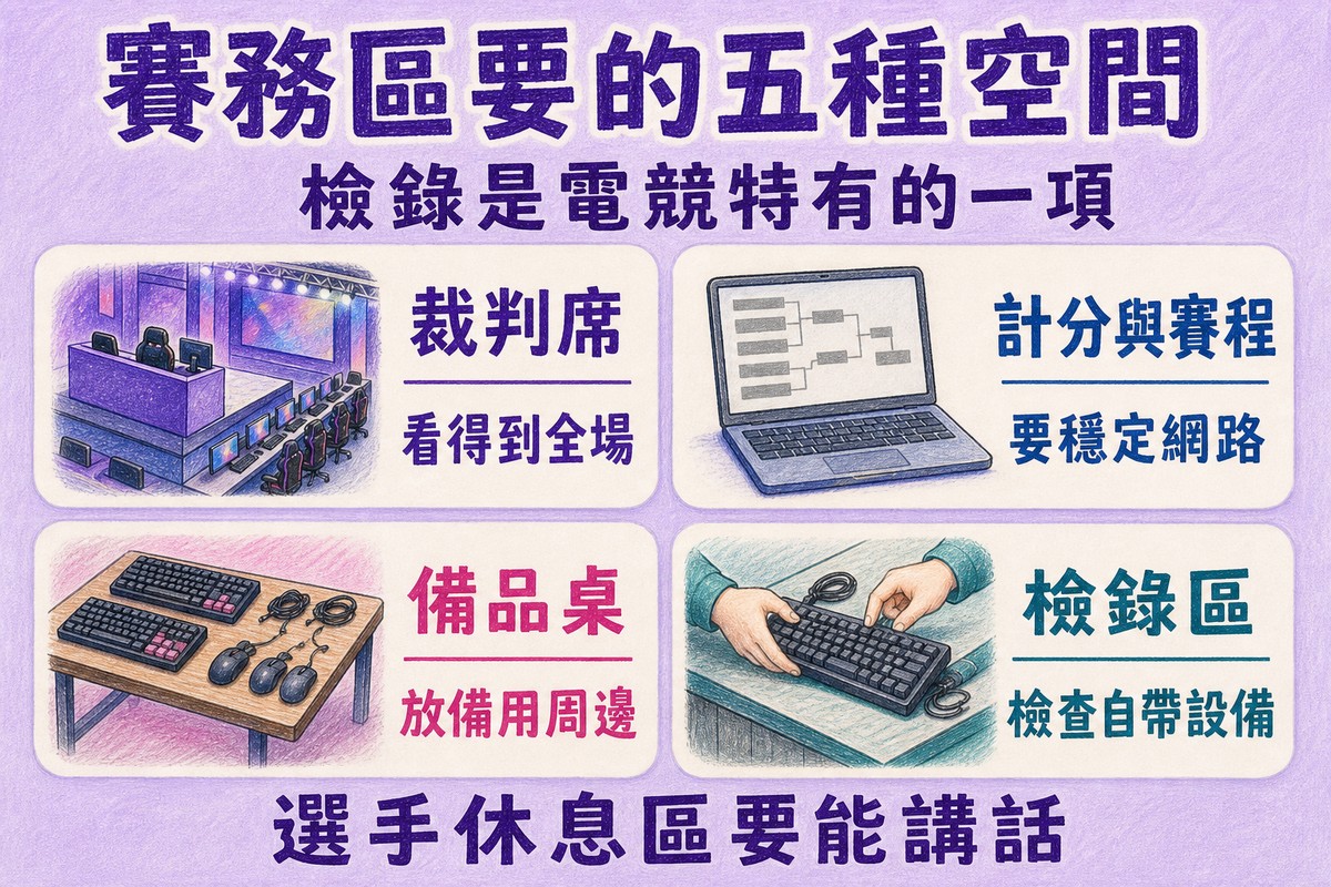 賽務區需要的空間:裁判席、計分賽程、備品桌、檢錄區