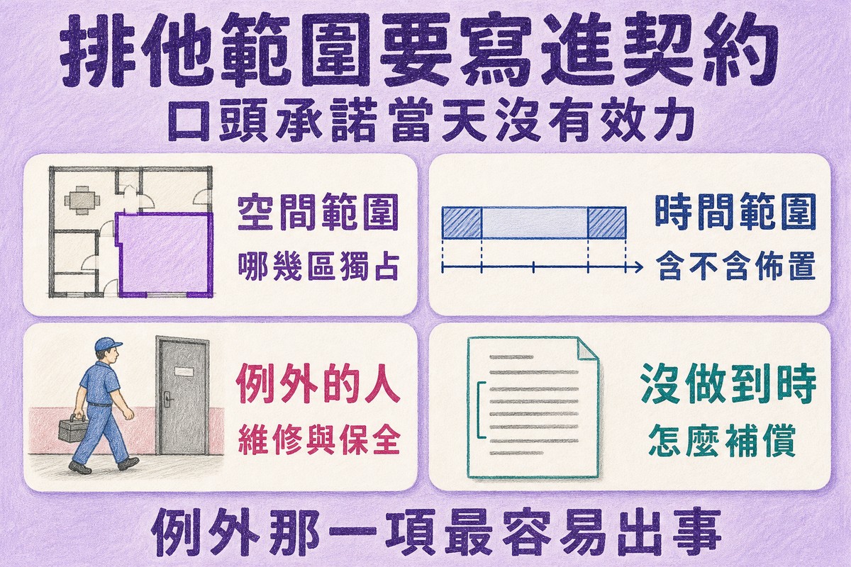 排他範圍要寫進契約的四項:空間範圍、時間範圍、例外的人、未達成的補償