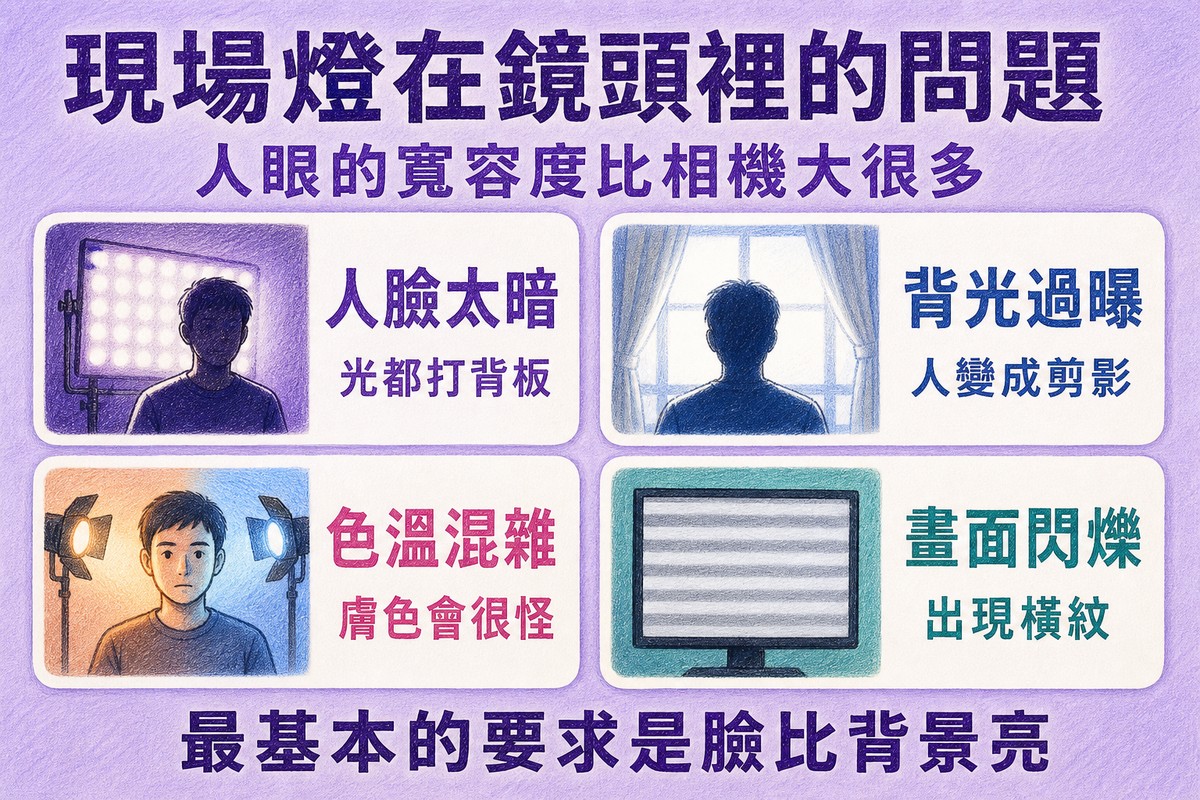現場燈光在鏡頭裡的四個問題:人臉太暗、背光過曝、色溫混雜、畫面閃爍