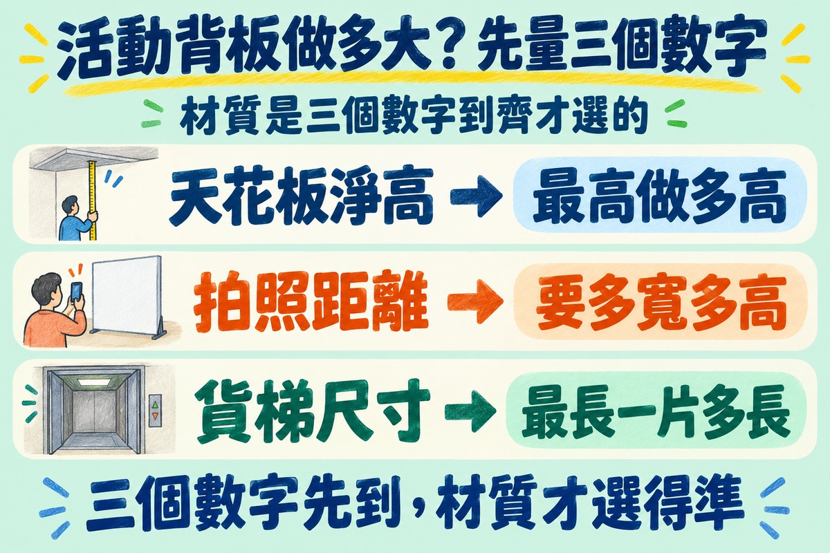 活動背板做多大先量三個數字的三列圖解:天花板淨高,決定最高做多高;拍照距離,決定要多寬多高;貨梯尺寸,決定最長一片多長;上方寫材質是三個數字到齊才選的,下方寫三個數字先到,材質才選得準