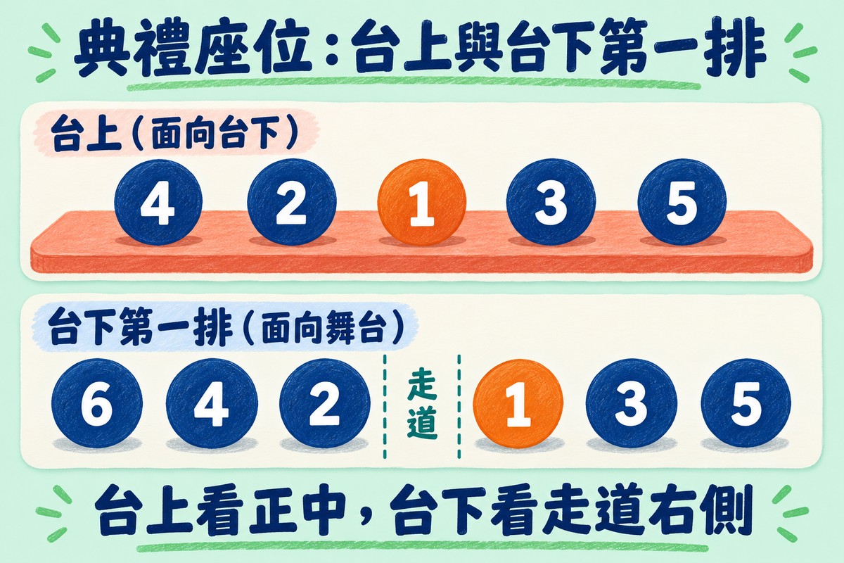 典禮座位的俯視圖,分上下兩塊:上面是台上(面向台下)的一排五個位子,由左到右是 4 號、2 號、1 號、3 號、5 號,1 號在正中;下面是台下第一排(面向舞台),中間有一條走道,走道左邊由左到右是 6 號、4 號、2 號,走道右邊由左到右是 1 號、3 號、5 號。標題寫典禮座位:台上與台下第一排,下方寫台上看正中,台下看走道右側