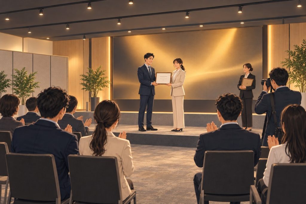 地下樓層活動場地的講座結束時，主持人在低舞台上雙手把裱框的感謝狀交給講師，台下同仁鼓掌，工作人員準備拍照