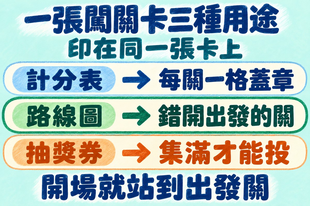 一張闖關卡三種用途:計分表每關一格蓋章,路線圖讓各隊錯開出發的關,抽獎券集滿才能投
