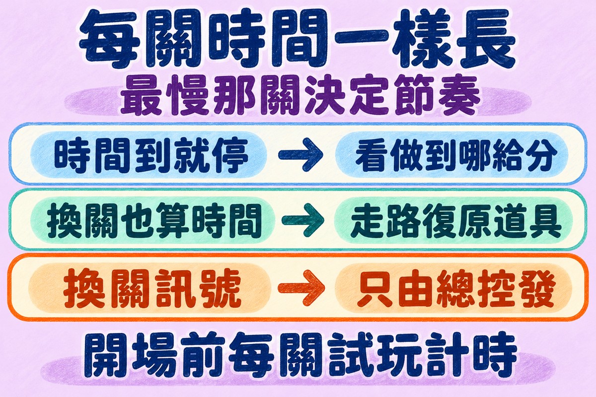 闖關遊戲每關時間一樣長:時間到就停、看做到哪裡給分,換關的走路與復原道具也算時間,換關訊號只由總控發