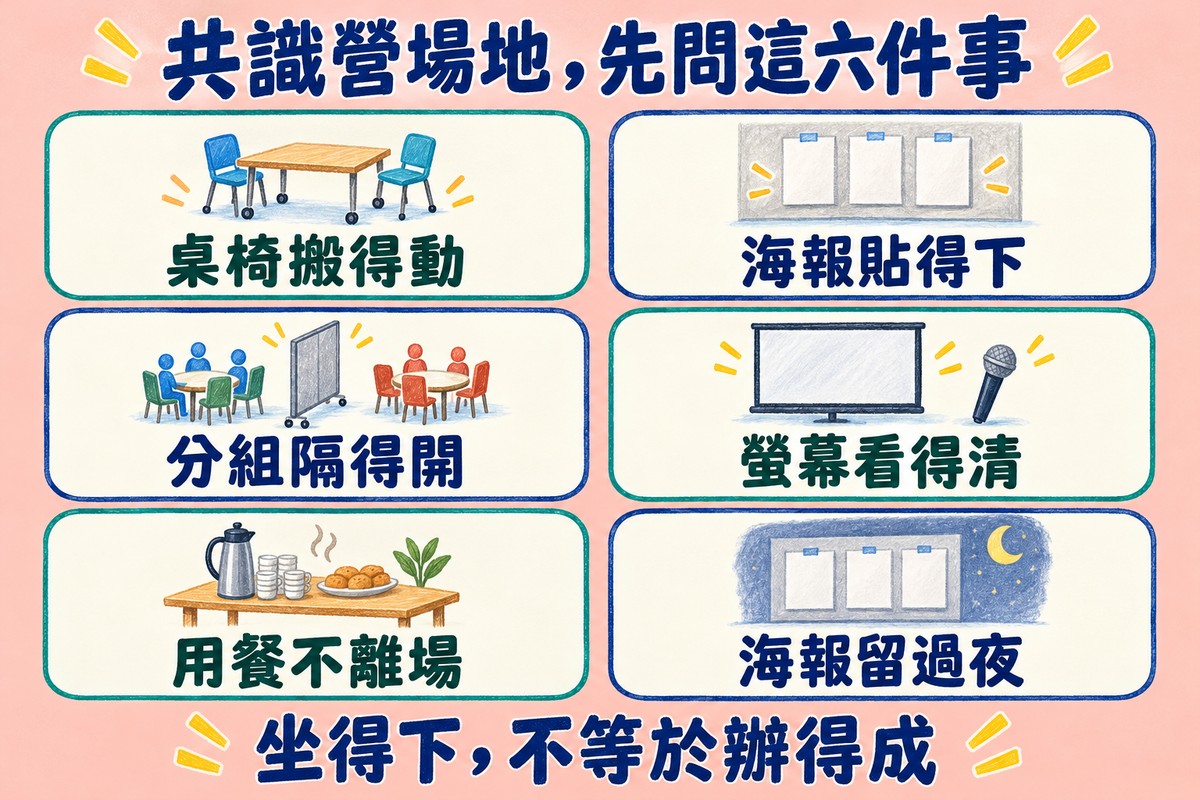 共識營場地先問這六件事的六格圖解,兩欄三列:桌椅搬得動、海報貼得下、分組隔得開、螢幕看得清、用餐不離場、海報留過夜,每一格上方各有一個小圖;最下方寫坐得下,不等於辦得成